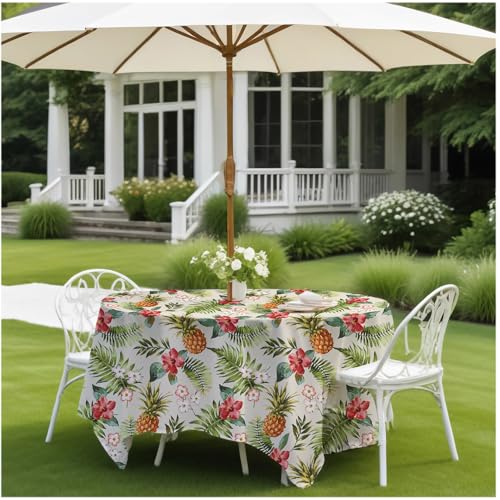 Honellaty Runde Tischdecke mit Schirmloch und Reißverschluss, auslaufsicher, knitterfrei, waschbar, Polyester, Terrassentischabdeckung für Picknick, Grillabende (Ananas, 152,4 x 152,4 cm) von Honellaty