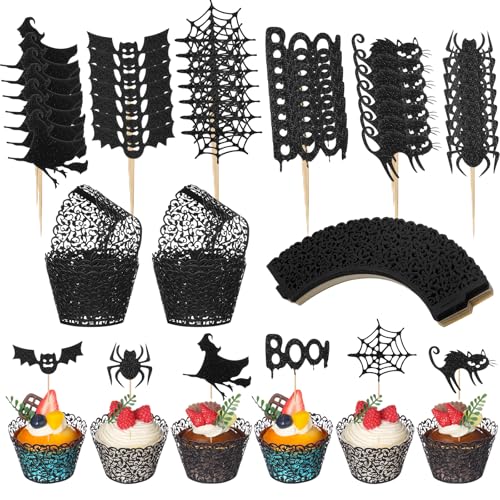Honeydak 120-teiliges Halloween-Cupcake-Förmchen und -Aufsätze-Set, 60 künstlerische Cupcake-Förmchen, lasergeschnittener Einsatz und 60 Fledermaus-Geist-Hexen-Kuchenaufsätze, Glitzer für von Honeydak