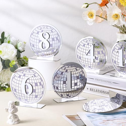Honeydak 15 Stück silberne Disco-Hochzeits-Tischnummernschilder 1–15, Acryl-Spiegel, Tischnummernhalter mit Ständer, 12,7 cm runde Display-Schilder für Hochzeitsempfang, Tafelaufsätze von Honeydak