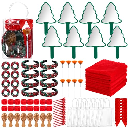 Honeydak 96 Stück Weihnachten Spa Party Supplies 8 Sets Weihnachten Party Geschenk mit Holz Haarbürste Spiegel Stirnband Armbänder Haarnadel Scrunchies Gesicht Handtuch Make-up Pinsel Kosmetiktaschen von Honeydak