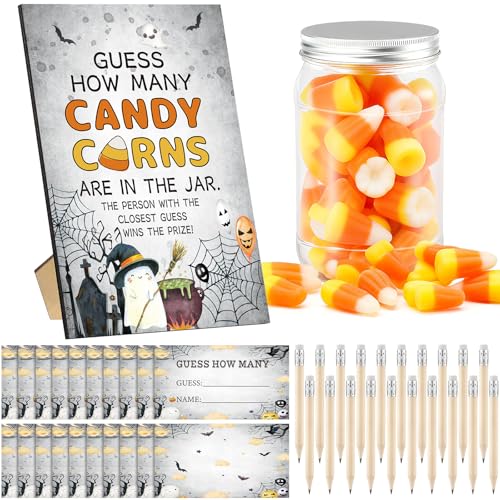 Honeydak Guess How Many Candy Corns Halloween Party Game 50 Guessing Cards 20 Pencils 1 Jar 1 Standing Sign Halloween Baby Shower Party Game for Adults Guess How Many Candy Are In The Jar von Honeydak