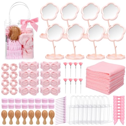 Honeydak Spa-Party-Zubehör, 8 Sets, Übernachtungsparty-Geschenk mit Holzhaarbürste, Spiegel, Stirnband, Armbänder, Haarnadel, Haargummis, Gesichtshandtuch, Make-up-Pinsel, Kosmetiktaschen für Spa von Honeydak