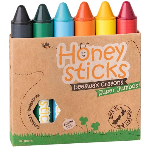 Honeysticks Wachsmalstifte aus 100% reinem Bienenwachs (6er-Pack, Jumbo-Größe), natürlich, sicher für Babys, Kleinkinder und Kinder, handgefertigt aus Neuseeland, für ältere Kinder geeignet von Honeysticks