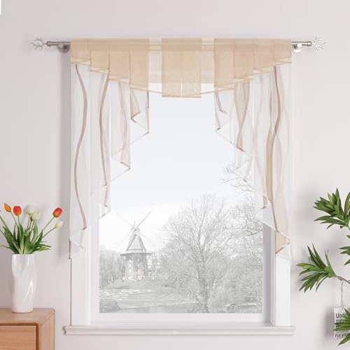 HongYa Tunnelzug Scheibengardine transparenter Voile Kurzgardine für Kleinfenster H/B 100/100 cm Creme Braun von HongYa