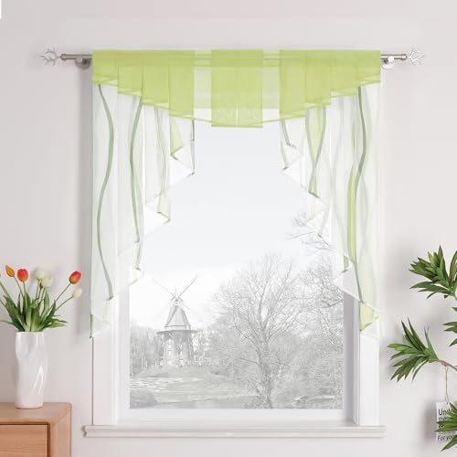 HongYa Tunnelzug Scheibengardine transparenter Voile Kurzgardine für Kleinfenster H/B 125/120 cm Creme Grün von HongYa