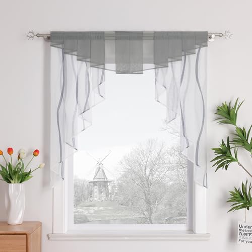 HongYa Tunnelzug Scheibengardine transparenter Voile Kurzgardine für Kleinfenster H/B 125/120 cm Weiß Silber von HongYa