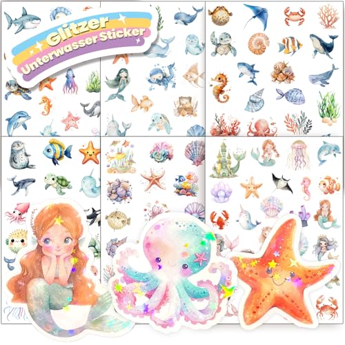 Hongma Meer Tier Glitzer Sticker mit Glitzereffekt 6pcs Über 150 Motiv Glitzersticker Unterwasser Meerestiere Aufkleber Holografische für Kinder Scrapbooking Fotoalbum Geschenke (Nicht Reflektierend) von Hongma