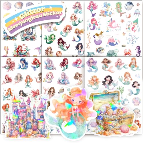 Hongma Meerjungfrau Glitzer Sticker mit Glitzereffekt 6pcs Über 150 Motiv Glitzersticker Mermaid Aufkleber Holografische für Kinder Mädchen Scrapbooking Fotoalbum Geschenke (Nicht Reflektierend) von Hongma