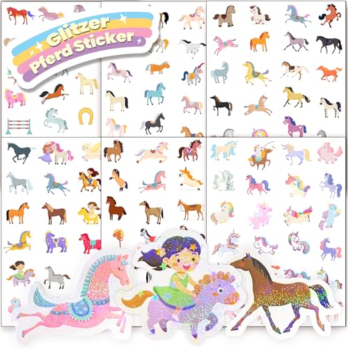 Hongma Pferd Glitzer Sticker mit Glitzereffekt 6pcs Über 150 Motiv Glitzersticker Horse Einhorn Aufkleber Holografische für Kinder Mädchen Scrapbooking Fotoalbum Geschenke (Nicht Reflektierend) von Hongma