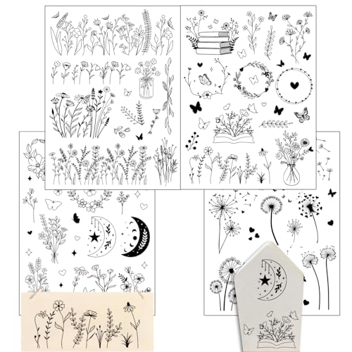 Hongma Rub On Sticker ca.A5 19x14cm-Großformat Transfers 4PCS Sprüche für Raysin für Keraflott Möbel Glas Holz DIY Deko Rub On Folie Rubons Aufkleber (Schwarz Blumen) von Hongma