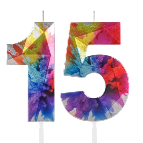Bunte Graffiti-Kerze mit Zahl 15, Geburtstagskerze zum 15. Geburtstag, bunte Geburtstagskerzen für Kuchen Kuchendekoration für Jungen und Mädchen, bunte süße Party-Dekorationen zum 15. von Hongplus
