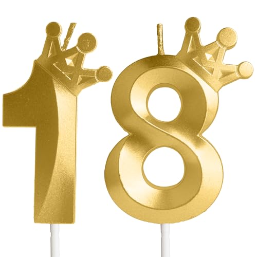 Hongplus Geburtstagskerze Zahl 18 Gold mit Krone, Kuchenkerzen, Krone Happy 18 Birthday Kerzen Kuchen Topper Dekorationen für Mädchen Jungen Geburtstag Jahrestag Party von Hongplus