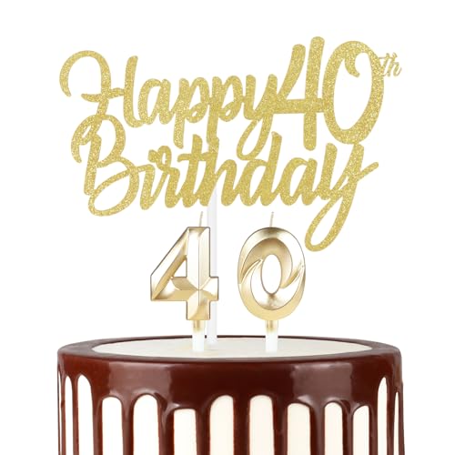 Hongplus Gold 40 Geburtstag Kerzen mit Glitzer Gold Happy 40th Birthday Cake Topper, Geburtstag Zahl 40 Kerzen, Happy 40th Birthday Kuchen Dekorationen Set für 40 Geburtstag Deko für Frauen Männer von Hongplus