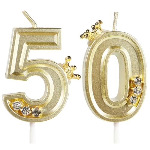 Hongplus Goldene Geburtstagskerze mit Diamanten und Kronenkuchenkerzen, Kerzen für Kuchen, Krone Happy 50 Birthday Kerzen Cake Topper Dekorationen für Frauen Männer Geburtstag Jahrestag Party von Hongplus