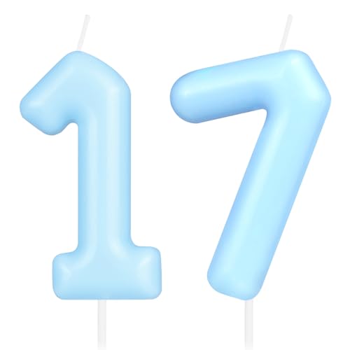 Hongplus Macaron Blue Number 17 Candle, 17 Birthday Candle, Macaron Blue Happy Birthday Candles for Cake, Blue Cake Topper Decorations for Girls Boys Pastel Sweet 17 Birthday Party Decorations von Hongplus