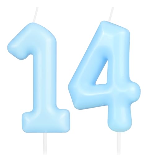 Hongplus Macaron Kerze mit Zahl 14 – blaue Happy Birthday Kerzen für Kuchen, pastellsüße 14 Geburtstagsparty-Dekorationen von Hongplus