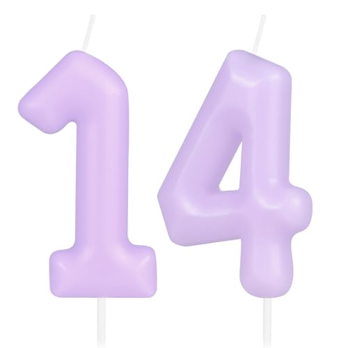 Hongplus Macaron Kerze mit Zahl 14–lila Happy Birthday Kerzen für Kuchen, 14. Geburtstag, Kuchendekoration, Dekorationen für Mädchen und Frauen Pastell, 14. Geburtstag, Party-Dekorationen von Hongplus