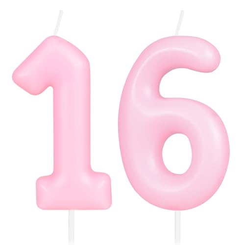 Hongplus Macaron Pink Number 16 Candle, 16 Birthday Candle, Macaron Pink Happy Birthday Candles for Cake, Cake Topper Decorations for Girls Women Pastel Sweet 16 Birthday Party Decorations von Hongplus