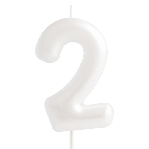 Hongplus Macaron weiße Kerze mit Zahl 2, 2 Geburtstagskerzen, weiße Happy 2 Geburtstagskerzen für Kuchen, Kuchendekoration, Dekoration für Mädchen, Pastell, süß, 2 Geburtstagsparty-Dekorationen von Hongplus