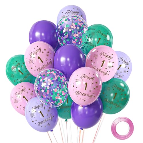 Luftballons 1 Geburtstag Junge Mädchen, 15 Stück Luftballons Rosa Lila Deko 1.Geburtstag, 12 Zoll Happy Birthday Konfetti Balloons für Geburtstagsfeiern von Hongplus