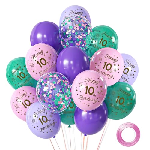 Luftballons 10 Geburtstag Junge Mädchen, 15 Stück Luftballons Rosa Lila Deko 10.Geburtstag, 12 Zoll Happy Birthday Konfetti Balloons für Geburtstagsfeiern von Hongplus