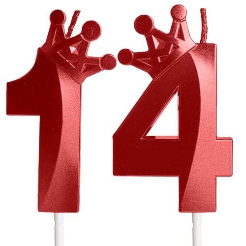 Rote Geburtstagskerzen, Zahl 14, Tortenaufsatz zum 14. Geburtstag, 3D-Krone, Zahlenkerze, Geburtstagskerze, Geburtstagskerze, 14 Kerzen, Geburtstag, Jungen, Mädchen, Hochzeit, Geburtstag, Dekoration, von Hongplus
