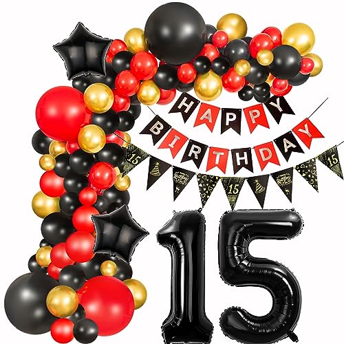 15 Geburtstag Deko Mädchen Schwarz Rot deko 15. Geburtstag Mädchen, 15 Jahre Geburtstagdeko Luftballons Girlande 15. Geburtstag Mädchen Schwarz Rot Ballon Girlande Happy 15 Birthday Dekoration von Hongyantech