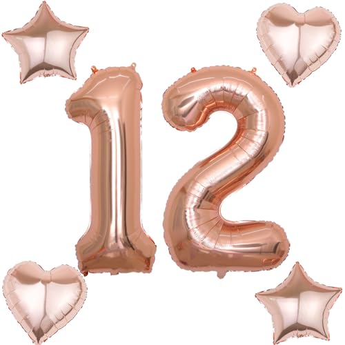 2 Luftballons Zahl 12 rosegold+4 pcs herz/stern Folienballon 12 .Geburtstag Deko mädchen rosegold ,40" Luftballons 12 .geburtstagsdeko mädchen 12 jahre,ballon 12. geburtstag deko (rosegold 12) von Hongyantech