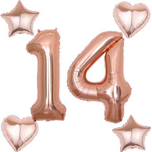 2 Luftballons Zahl 14 rosegold+4 pcs herz/stern Folienballon 14 .Geburtstag Deko mädchen rosegold ,40" Luftballons 14 .geburtstagsdeko mädchen 14 jahre,ballon 14. geburtstag deko(rosegold 14) von Hongyantech