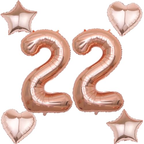 2 Luftballons Zahl 22 rosegold+4 pcs herz/stern Folienballon 22 .Geburtstag Deko frau rosegold ,40" Luftballons 22 .geburtstagsdeko frauen 22 jahre,ballon 22. geburtstag deko frau(rosegold 22) von Hongyantech