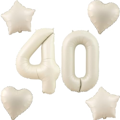 Beige Luftballons Zahl 40+4 pcs herz/stern Folienballon Zahl 40 .Geburtstag frau mädchen,40" Riesenzahl Ballons 40 .geburtstagsdeko mann,Zahlenballon 40, Helium Ballons 40 Zahlen Luftballon von Hongyantech