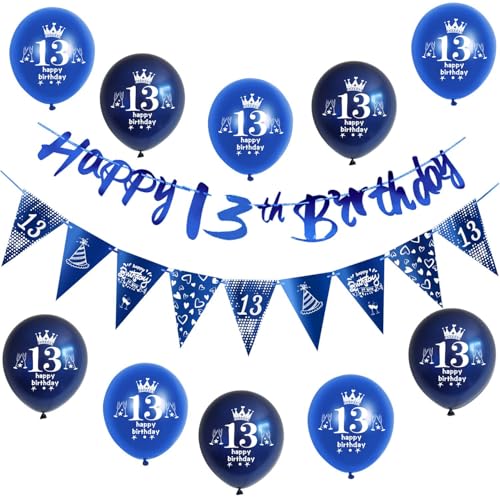 Blau Girlande Happy 13th Birthday Banner + 13 Geburtstag Dreiecksflaggen + 13 pcs 13 Geburtstag luftballons 13 deko für jungen,deko 13. jungen geburtstagsdeko 13 jahre von Hongyantech