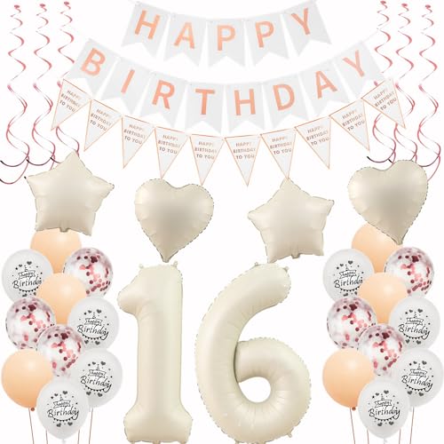 Deko 16. Geburtstag Mädchen Beige Roségold Luftballons - Dekoration Set Mit Happy Birthday Girlande - Party Zubehör Für 16 Jahre Deko 16. Geburtstag Mädchen Beige Roségold Luftballons - Dekoration Set Mit Happy Birthday Girlande - Party Zubehör Für 16 Jahre von Hongyantech