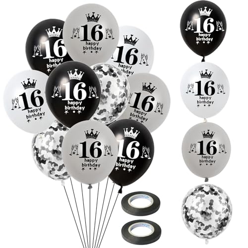 Luftballon 16. Geburtstag Jungen Mädchen Deko 14 Stück Schwarz Silber weiß Ballons 16. Geburtstag Dekoration 16 Latex Ballon Geburtstagsdeko 16 jahre Mädchen Junge Party deko von Hongyantech
