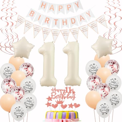 Luftballons 11. Geburtstag Mädchen - Beige Roségold Deko Set Mit Tortendeko Und Ballons - 11th Birthday Dekoration von Hongyantech
