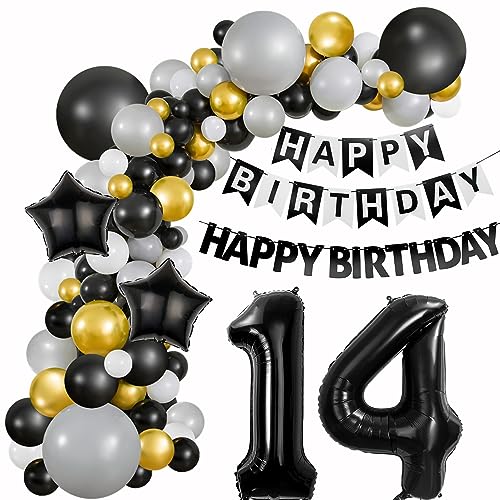 Luftballons 14 Geburtstag Deko Junge Mädchen Schwarz Grau gold ballon deko 14. Geburtstag Mädchen, Geburtstagdeko 14 Jahre Luftballons Girlande 14. Geburtstag Junge Ballon Girlande Schwarz Grau von Hongyantech