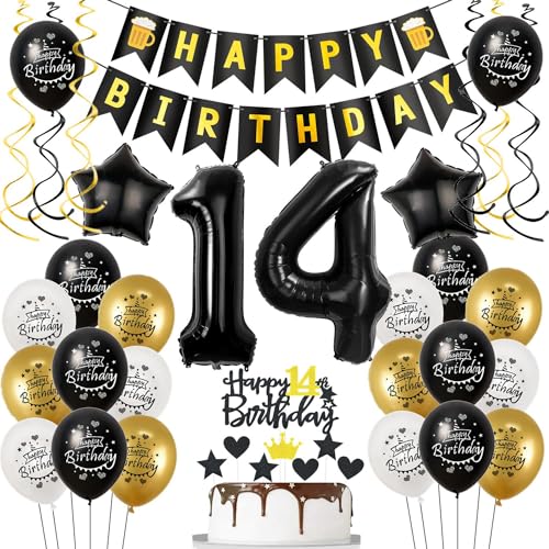 Luftballons 14. Geburtstag Schwarz Golden, Deko für Junge Mädchen, Folienballon Zahl 14, Tortendeko Luftballons 14. Geburtstag Schwarz Golden, Deko für Junge Mädchen, Folienballon Zahl 14, Tortendeko von Hongyantech