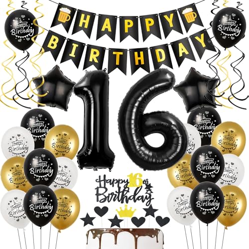 Luftballons 16. Geburtstag Schwarz Golden - Deko für Junge und Mädchen, Folienballon Zahl 16, Tortendeko, Ballon Set Luftballons 16. Geburtstag Schwarz Golden - Deko für Junge und Mädchen, Folienballon Zahl 16, Tortendeko, Ballon Set von Hongyantech