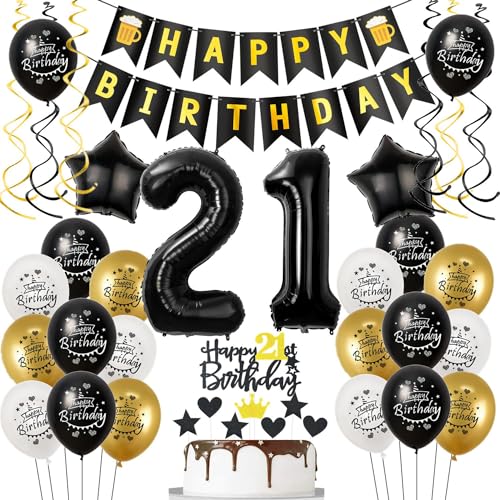 Luftballons 21. Geburtstag Schwarz Golden - Deko für Mann und Frauen Mit Folienballon Zahl 21, Tortendeko und Ballon Set Luftballons 21. Geburtstag Schwarz Golden - Deko für Mann und Frauen Mit Folienballon Zahl 21, Tortendeko und Ballon Set von Hongyantech