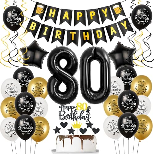 Luftballons 80. Geburtstag Schwarz Golden, Geburtstagsdeko 80 Jahre Mann Frauen, Ballon 80. Geburtstag, Folienballon Zahl 80, deko 80. geburtstag Frauen, Schwarz Tortendeko 80 Geburtstag Mann Deko von Hongyantech