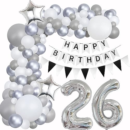 Luftballons Girlande 26 Geburtstag Deko Frauen Mann Luftballons Silber grau Weiß deko 26. Geburtstag Frau Männer 26 Jahre Geburtstagdeko Silber Happy 26 Birthday Girlande Ballons Deko Weiß silber von Hongyantech