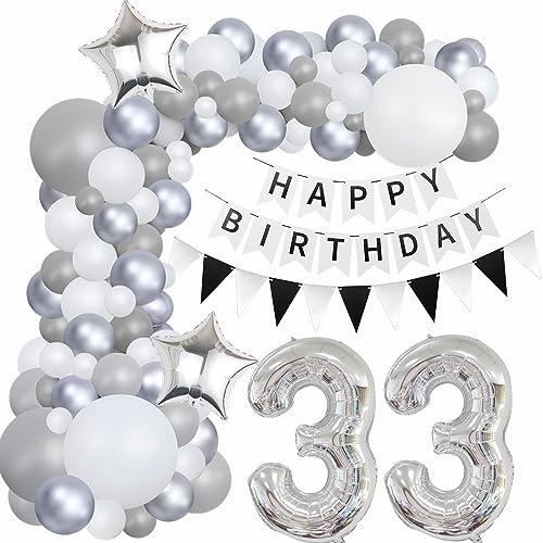 Luftballons Girlande 33 Geburtstag Deko Frauen Mann Luftballons Silber grau Weiß deko 33. Geburtstag Frau Männer 33 Jahre Geburtstagdeko Silber Happy 33 Birthday Girlande Ballons Deko Weiß silber von Hongyantech