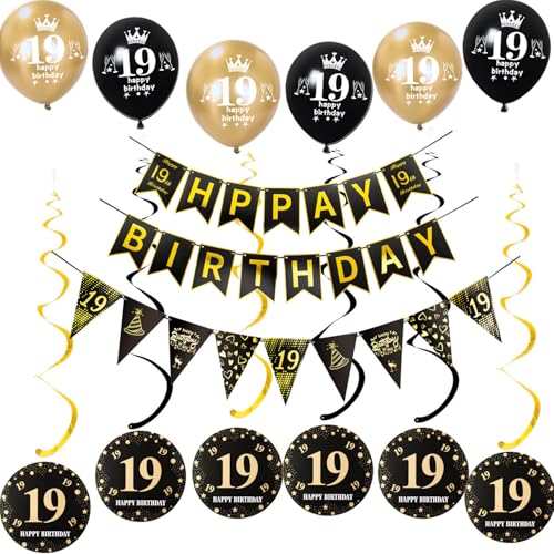 Schwarz gold Girlande Happy 19th Birthday+ Dreiecksflaggen + 19 Geburtstag Hängedeko ,luftballons 19 deko für junge mädchen,deko 19 unge geburtstagsdeko 19 jahre Mädchen von Hongyantech