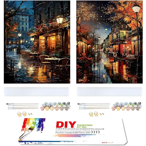 2 Stück Straßenbild Malen Nach Zahlen Erwachsene-Rainy Night Street Painting by Numbers,DIY Handgemalte Ölmalerei Set für Erwachsene (Mit 2 Separate Sätze Von Malwerkzeugen und Acrylfarben) 40x50CM von Hongyrjy