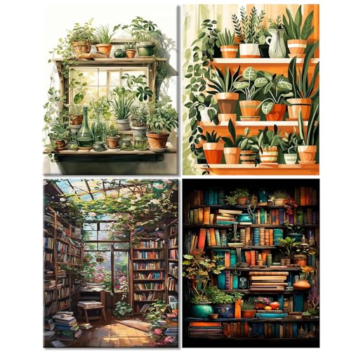 Hongyrjy 4 Stück Grüne Pflanze Malen Nach Zahlen Erwachsene-Arbeitszimmer Malen Nach Zahlen Erwachsene Mit 4 Separate Sätze Von Malwerkzeugen und Acrylfarben Wall Decoer 30x40cm von Hongyrjy