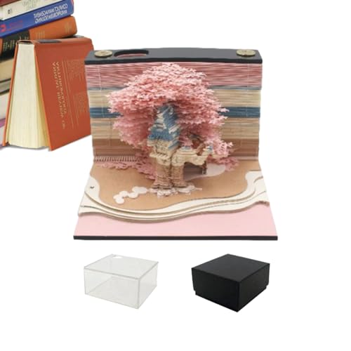 Honhoha 3D-Tischkalender 2024, Notizblock-Kalender-Schnitzmodell, Papier Kunst Sakura Baum Kreative Papier Schnitzen Geschenk Home Desktop Dekoration, DIY Kalenderskulptur, 3D-Kalender zum Abreißen von Honhoha