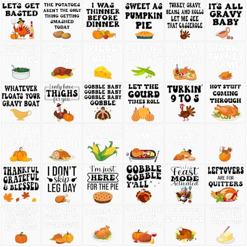 Honoson 36 Stück Thanksgiving Bügelbilder Lustige Applikationen Wärmetransfers Vinyl Niedliche Thanksgiving Aufkleber für Kleidung Hemd Tasche Kissenbezüge DIY Handwerk Dekorationen Zubehör von Honoson
