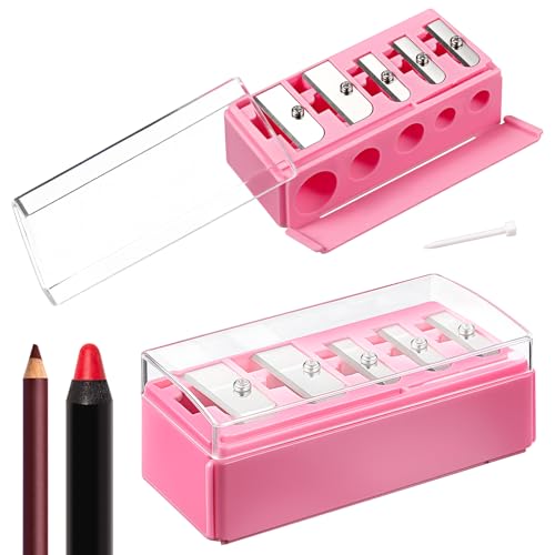 Honoson Manueller Bleistiftspitzer mit 5 Löchern, lange Spitze, mit Kunststoffdeckel, Make-up, Eyeliner, Bleistiftspitzer, Rosa, 2 Stück von Honoson