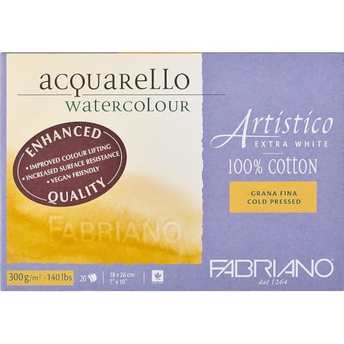 Fabriano Artistico Acquarello Watercolour, extra weiß, Feinkorn cold pressed, 18 x 26 cm, 20 Blatt 300 g/m², hochwertiger Künstler-Aquarellkarton, Block 4-seitig geleimt, vegan von Honsell