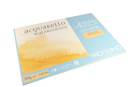 Fabriano Artistico Acquarello Watercolour, naturweiß, Feinkorn cold pressed, 35,5 x 51 cm, 15 Blatt 300 g/m², hochwertiger Künstler-Aquarellkarton, Block 4-seitig geleimt, vegan von Honsell